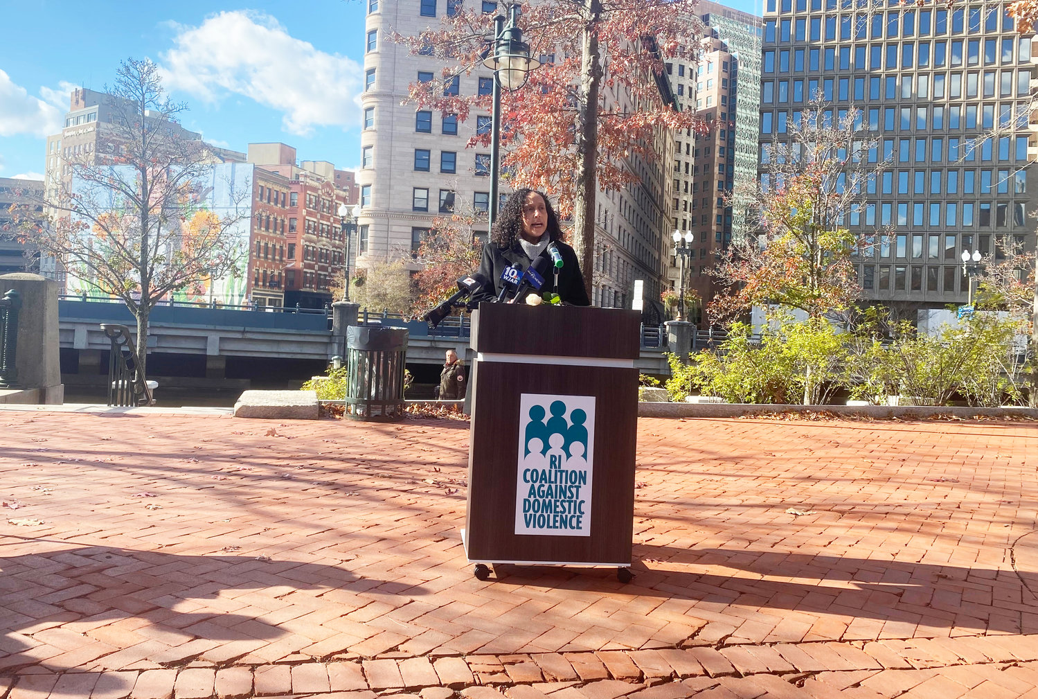 Lucy Rios, executive director of the RI Coaition Against Domestic Violence, talks at the release of the R.I. Domestic Violence Homicide Report in November of 2022.